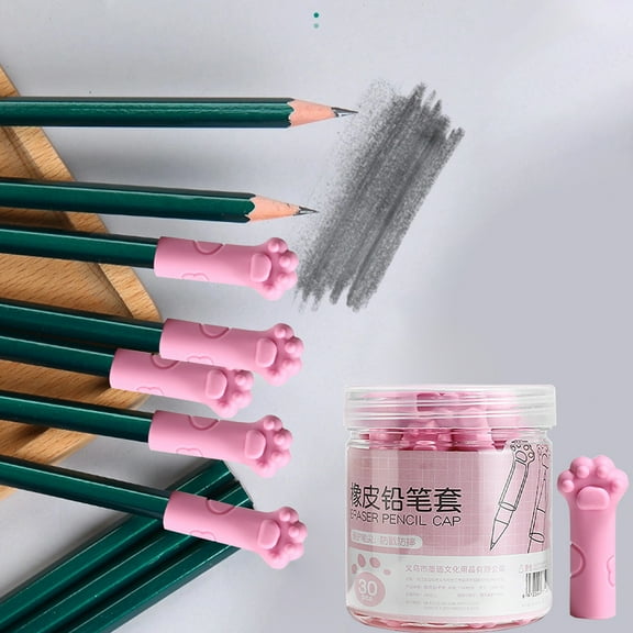 30Pcs Cat Paw Pencil Cap Eraser Set Soft Silicone Protective Sleeve Grip Extender for Writing Instruments 1.54in(Pink)