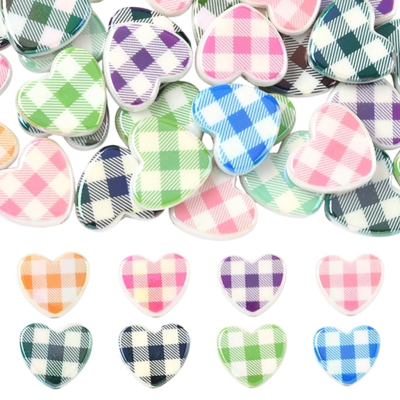 30Pcs Checkered Heart Beads Flat Heart Bead Bulk Acrylic Random Mixed Colorful Love Shaped Plaid Grid Pattern Small Loose Spacer