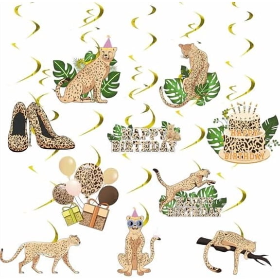 30Pcs Cheetah Birthday Decorations Hanging Swirls Leopard Print Cheetah Party Ceiling Decorations for Jungle Safari Animal Baby Shower Theme Birthday Party Supplies