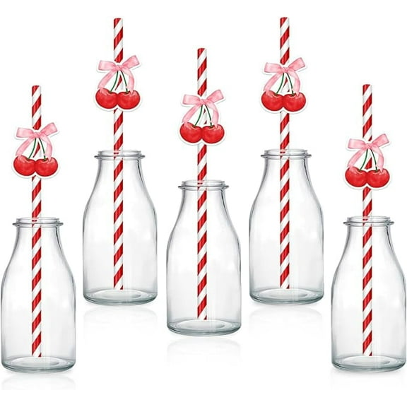 30Pcs She's the Cherry on Top Paper Straws Cherry Staws Fruit Theme Birthday Paper Striped Straws Cherry Theme Party Decor for Women Girl Birthday Baby Shower Bridal Shower Bachelorette Party