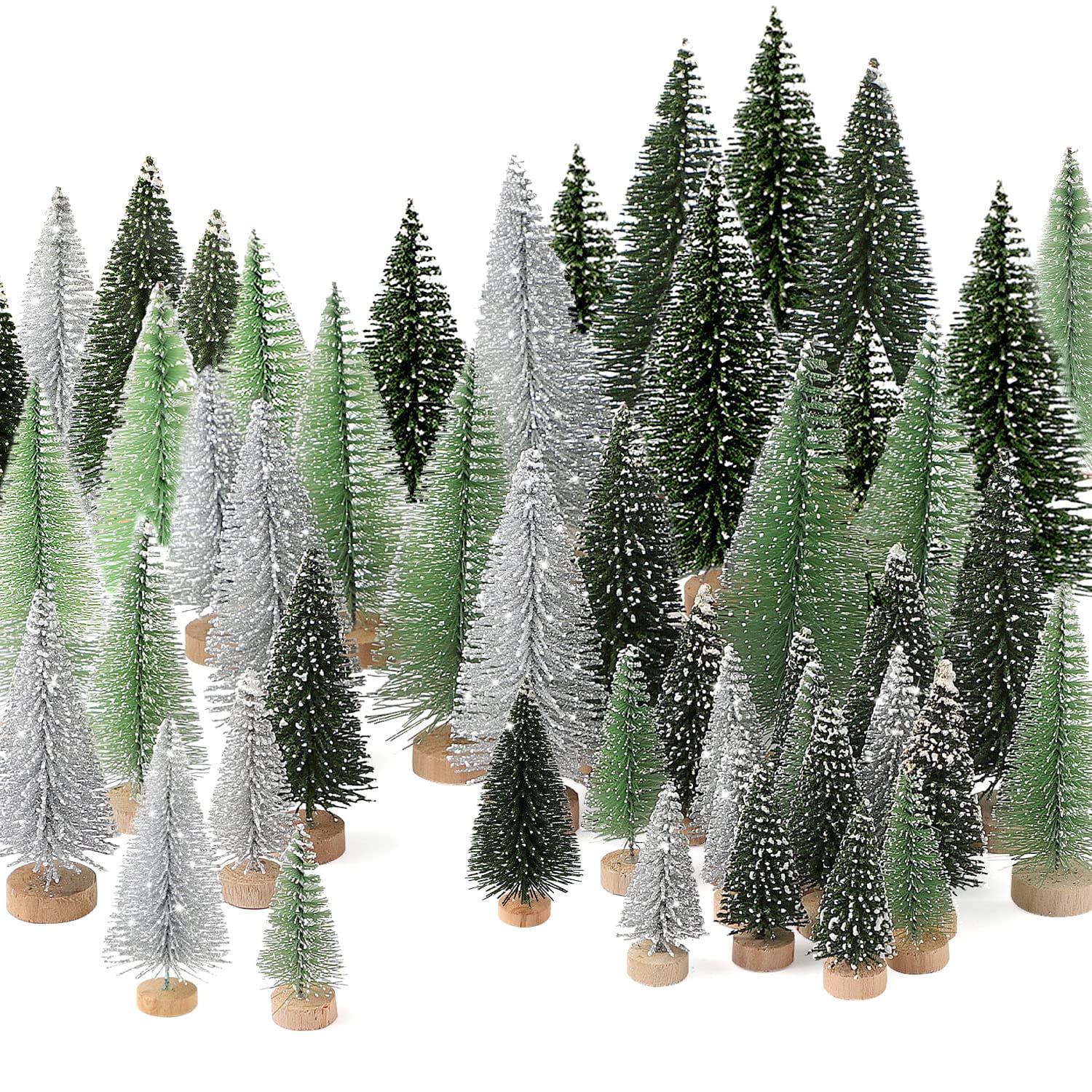 Multicolor Miniature Tabletop Christmas Trees with Wooden Base, Set of 30
