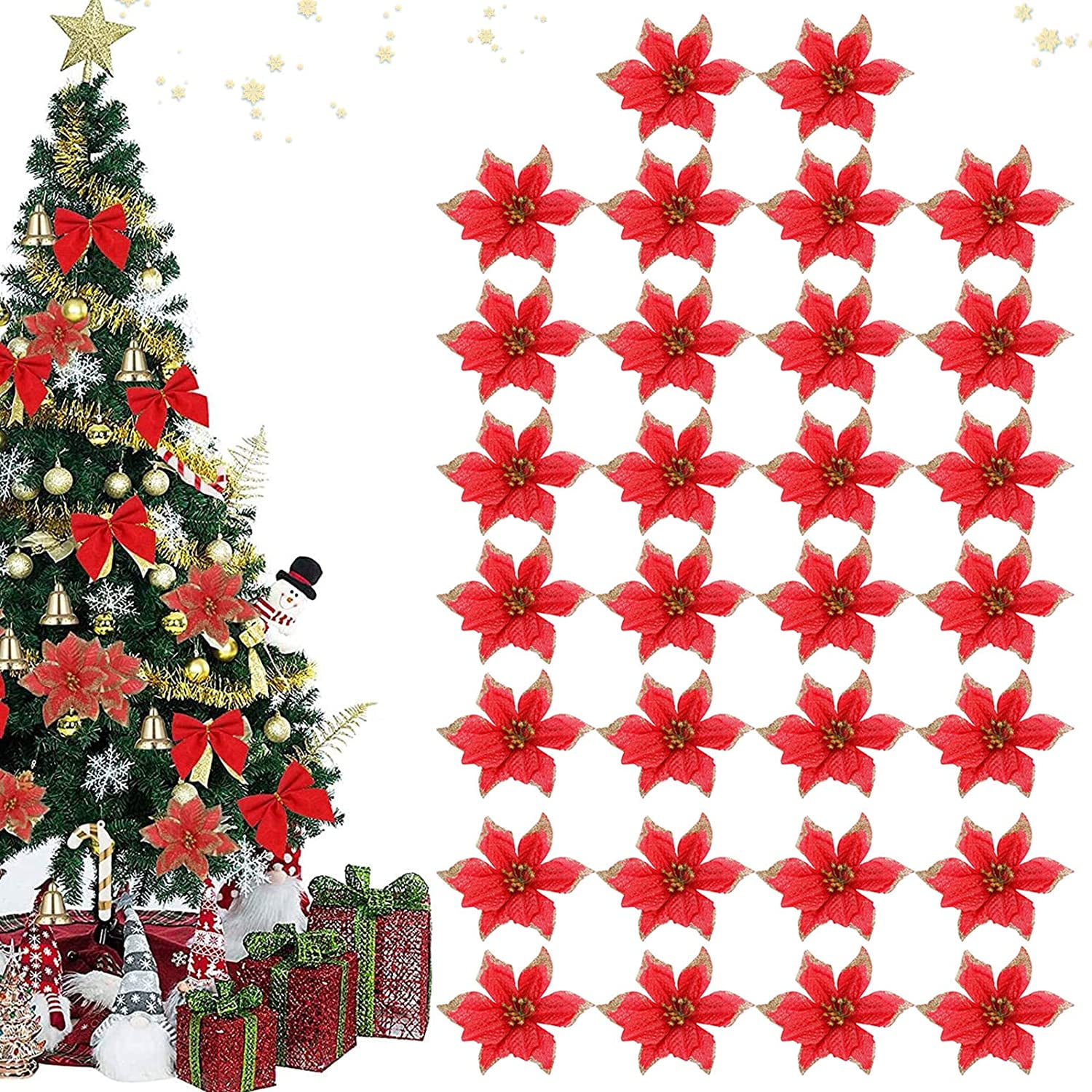 30Pcs Christmas Glitter Poinsettia Artificial Silk Flowers Picks ...