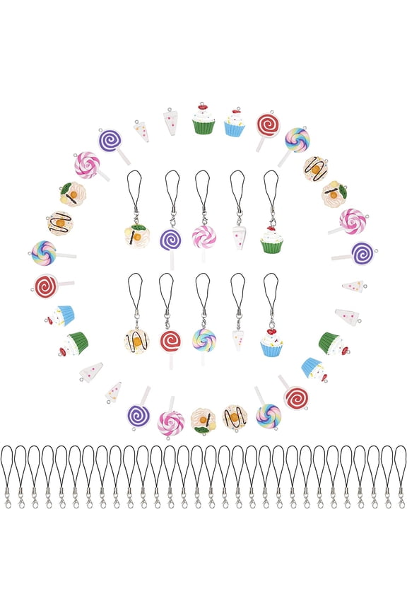 30Pcs Clay Candy Lollipop Cake Charms Pendant Mini Food Dessert Cupcake Donut Resin Charm Polymer Clay Hanging Ornaments with Lobster Clasps for Jewelry Making Necklace Keychains Home Decor for diy