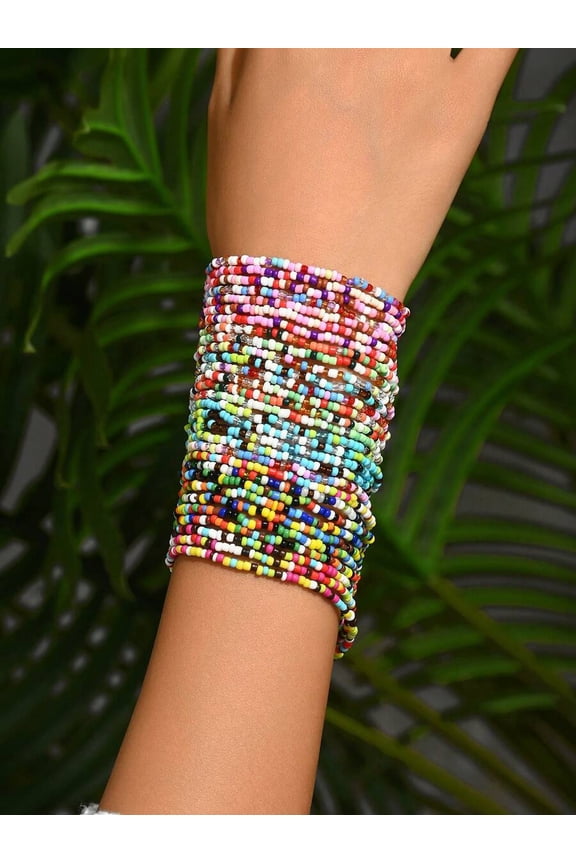 30Pcs Colorful Bohemian Style Rice Bead Wrap Bracelet Set Elastic Beaded Jewelry For Women
