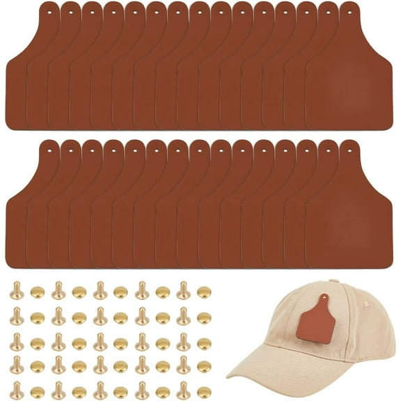 30Pcs Cow Ear Tag Leather Patch 3x2x0.1 Inch Imitation Leatheres Brown Tags with 2mm Hole Blank Leather Patch with 30Pcs Brass Rivets 30Pcs Buttons Handmade Tag for DIY Labels Bags