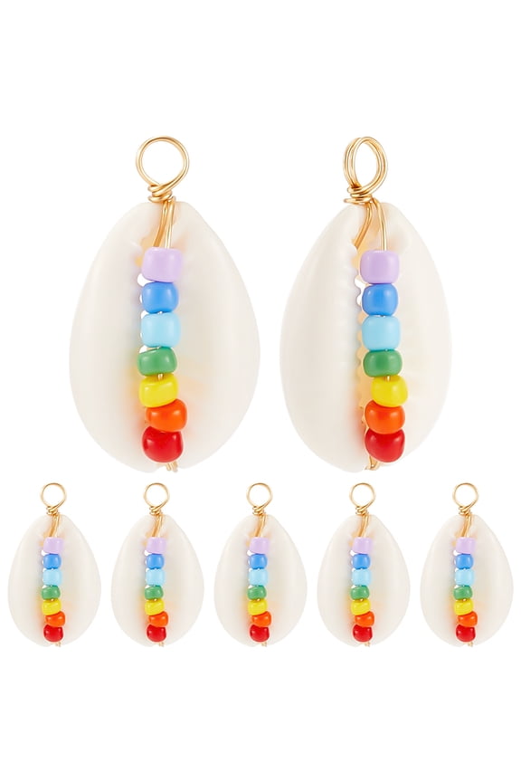 30Pcs Cowrie Shell Copper Wire Wrapped Pendants Shell Shaped Charms with Glass Seed Beads Golden Colorful 24.5~31x13.5~15.5x9~10mm