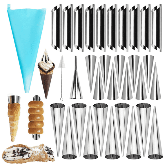 30Pcs Cream Horn Mold, Cannoli Forms Tubes Kit, Stainless Steel Cone Shaped and Tubular Shaped Baking Molds for Lady Lock Form Cream Roll Croissant