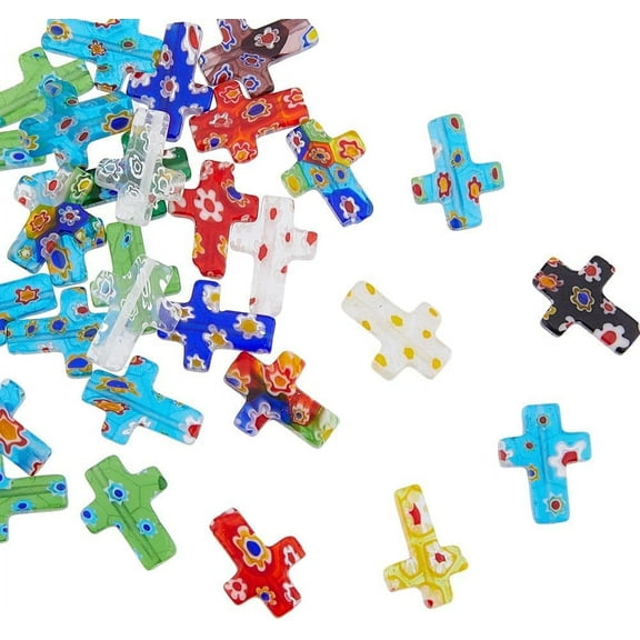 30Pcs Cross Millefiori Glass Beads Random Color Lampwork Beads Artistic Cross Handmade Beads Religious Cross Loose Spacer Beads for Jewelry Making Hole: 1.5mm
