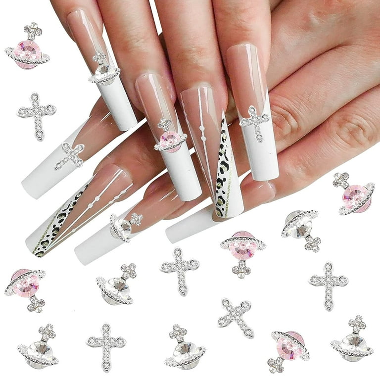 30Pcs Cross Nail Charms Planet Nail Charms Y2K Nail Rhinestones for Acrylic Nails 3D Saturn Shape Crystals Clear Pink Nail Gems Silver Flatback Nail
