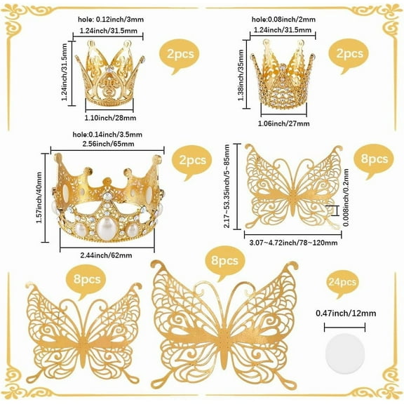 30Pcs Crown Butterfly Topper Crown Cake Topper Set with Stickers Gold 3D Hollow Princess Small Mini Tiara Alloy Rhinestone Toppers Kits for Wedding Birthday Cake Flower Party DIY Decoration