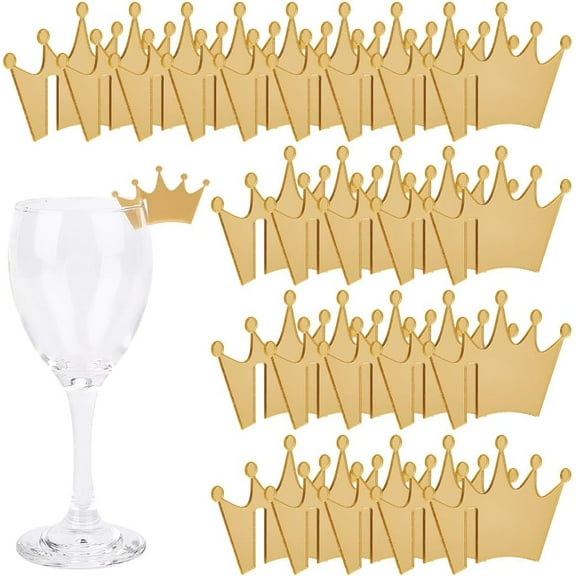 30Pcs Crown Drink Tags Acrylic Blank Party Drink Marker Wine Glass Charms Flat Glass Identifiers Tag Golden Goblet Markers for Home Bar Festival Christmas Party Decoration