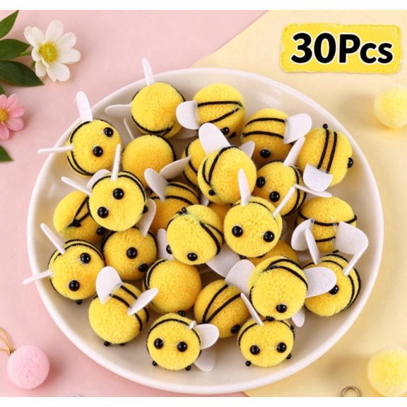 30Pcs Cute Little Bee Felt DIY Craft Accessories Set, Honey Bee Theme Pom Pom Craft Kit with Wings, Flowers & Embellishments for Kids Arts, Holiday Decorations and Handmade Projects