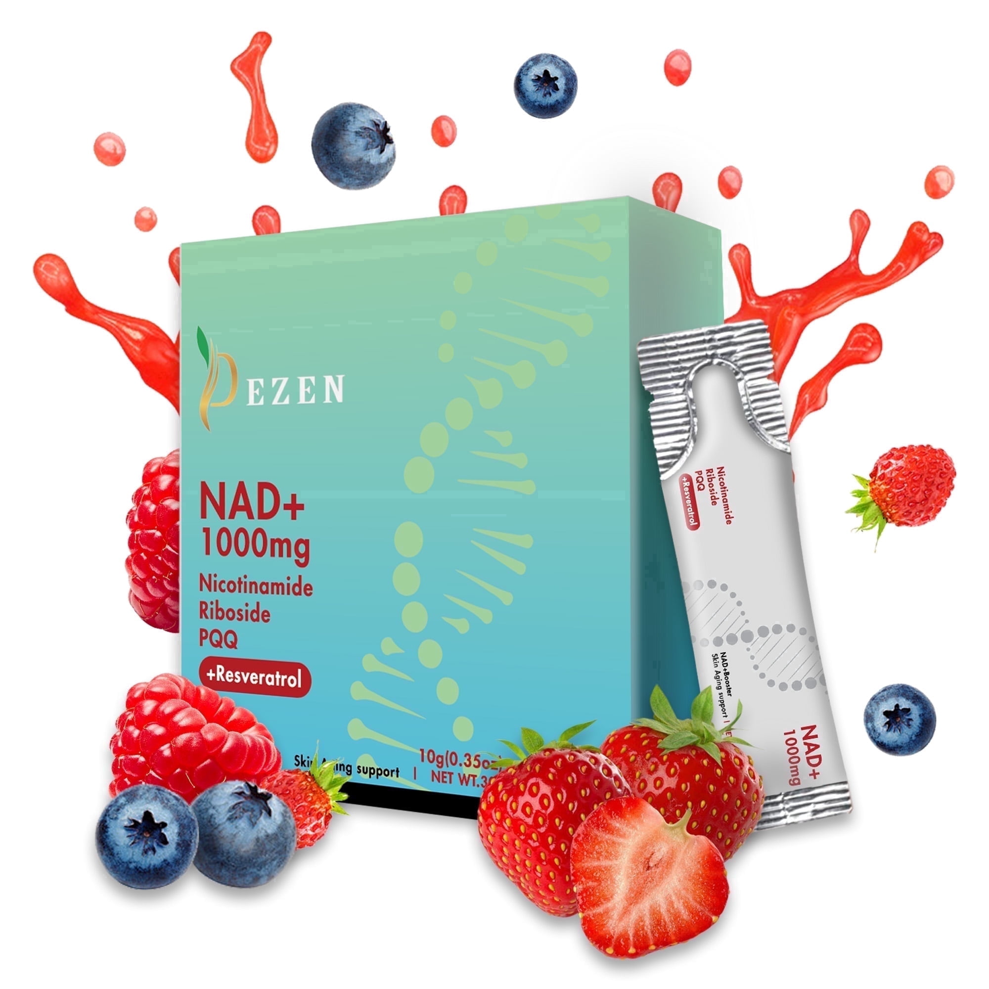 30Pcs DEZEN NAD+ 1000mg Liquid Sachet, NAD Nicotinamide Riboside Resveratrol Supplements, Berry Flavor For Anti-Aging, Energy & Focus