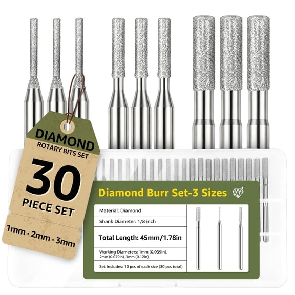 Diamond Drill Bits Set 30Pcs 0.04in 0.08in 0.12in 1/8in Shank Diamond Coated Rotary Tool Accessories for Jewelry Making, Sea Glass, Shells and Gemstones