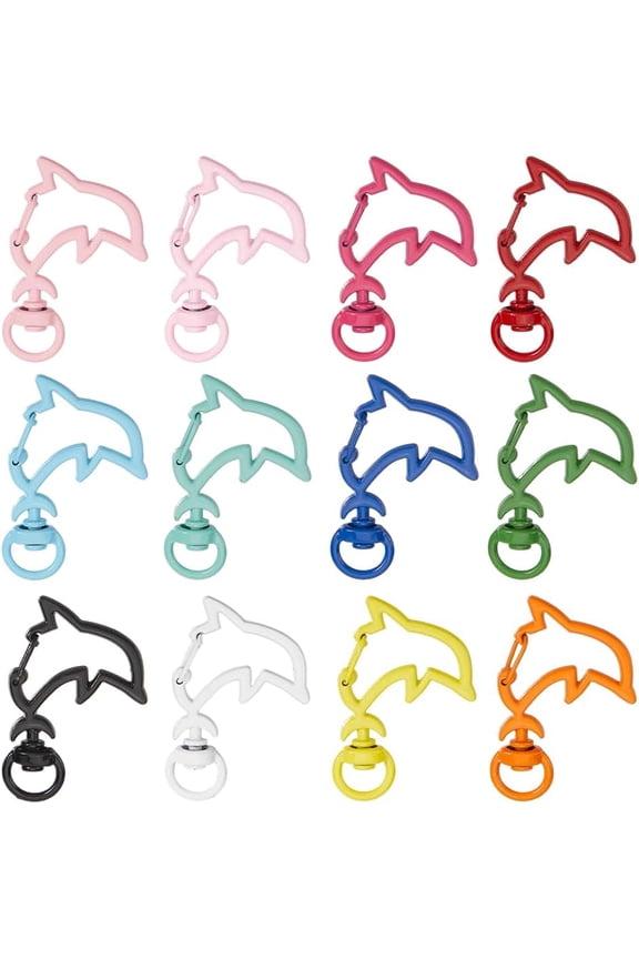 30Pcs Dolphin Key Chain Colorful Keychain Clasps Random Mixed Color Metal Alloy Sea Ocean Animal Lanyards Clips Swivel Lobster Claw Clasp for Jewelry Making Keyring Bag Purse DIY Crafts Mixed Color