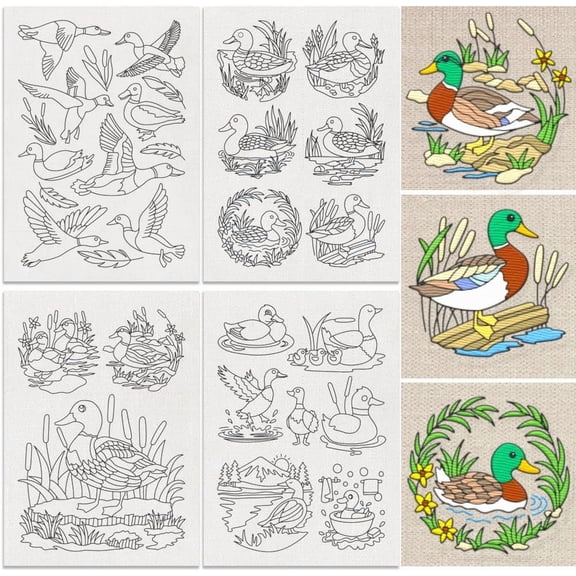 30Pcs Duck Water Soluble Hand Sewing Stabilizers 8.3"x11.7" Animal Embroidery Pattern Stabilizer 4 Sheets Mallard Duck Stick and Stitch Embroidery Paper Sticker White