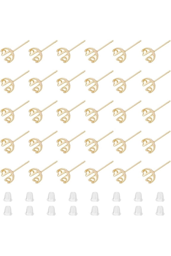 30Pcs Earring Mounting 4-Heart Prong Earring Settings Pearl Beads Claw Earring Real 18K Gold Plated Brass Blank Peg Post Ear Studs with 50pcs Ear Nuts for Earring Making