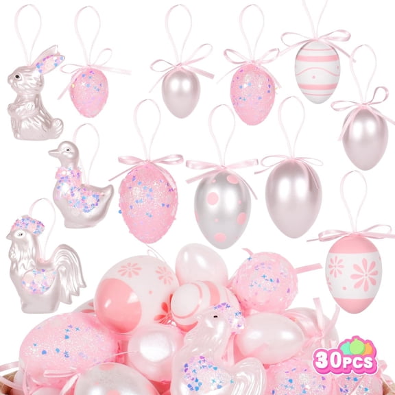 30Pcs Easter Egg Hanging Ornaments - Pink & Silver, Bunny Chick Duck Figurines