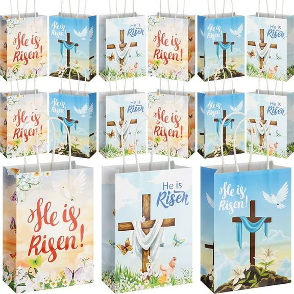 30Pcs Easter Gift Bags with Handle He Is Risen Party Favor Paper Christian Church Religious Cross Goodie Candy Treat Paper Bag for Easter Resurrection Baptism Birthday Wedding Decor