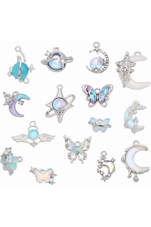 30Pcs Enamel Gothic Charms Pendants 15 Styles Assorted Moon Star Butterfly Flower Metal Dangle Charm Bulk Alloy Metal Pendants Craft Findings