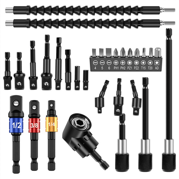 30Pcs Flexible Drill Bit Extension Kit,Right Angle Attachmen,Rotatable Socket Adapter,Bendable Extender