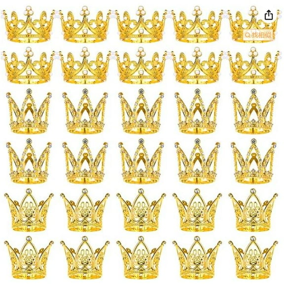 30Pcs Flower Bouquets Gold Crown Set, 3 Style Cake Topper Mini Crown for Bridal Wedding Shower Mothers Day Party Cake Decor Christmas Light crystal graduation