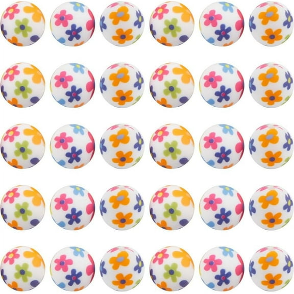 30Pcs Flower Print Beads Bulk Printed Silicone Round Beads 15mm Soft Rubber Paw Flowers Pattern Focal Loose Spacer Lanyard Ball Beads