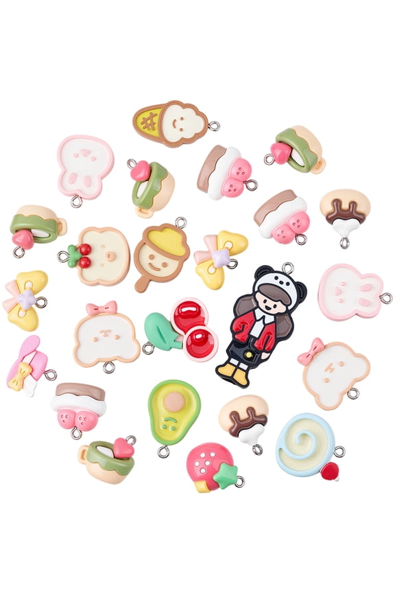 30Pcs Food Resin Charm Dessert Themed Charms Bulk Random Styles Summer Foods Fruits Ice Cream Animals Pendants with Silver Iron Loop DIY