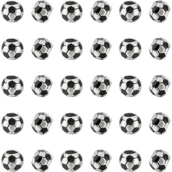 30Pcs Football Beads Soccer Ball Beads Metal Spacer Beads Large Hole Beads Enamel European Beads Sports Beads Black Beads for Sprot Supplies Bracelet Jewelry Making DIY