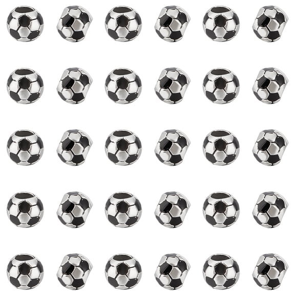 30Pcs Football Beads Soccer Ball Beads Metal Spacer Beads Large Hole Beads Enamel European Beads Sports Beads Black Beads