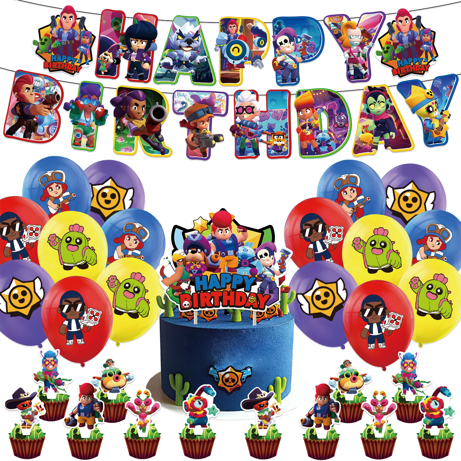 DOWMGYDX Brawl Stars Birthday Banner, 16 Balloons, 13 Cupcake
