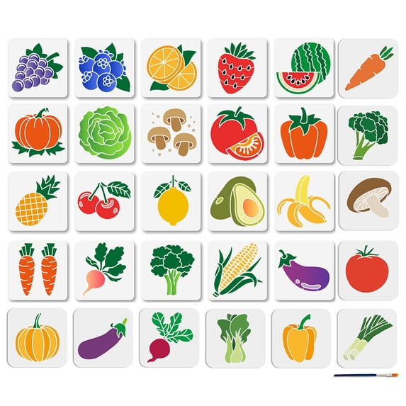 30Pcs Fruit Vegetable Stencils Pumpkin Mushroom Painting Stencil 5.9×5.9inch Reusable Strawberry Lemon Drawing Template with Paint Brush