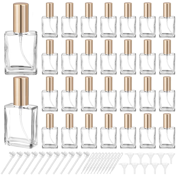 30Pcs Glass with PP Plastic Perfume Spray Bottles with 10Pcs Plastic Funnel Hopper & 10Pcs Dropper & 10Pcs Pump Clear 3.15x2.15x7.3cm