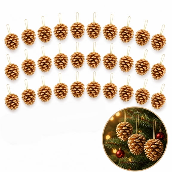 30Pcs Gold Christmas Natural Pine Cones Pick, 2Inch Hanging Pinecone Ornaments with Attachment Strings, Festive Tree Decor for Xmas, Home Holiday Party & Handmade DIY Craft Projects