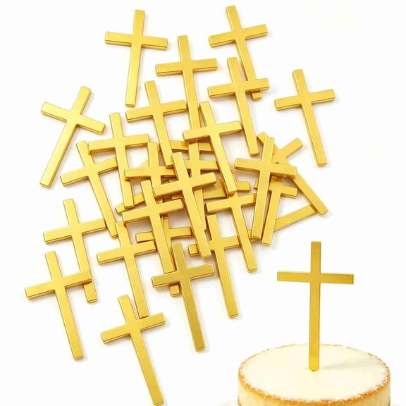 30Pcs Gold Cross Cake Toppers, Acrylic Baptism Cross Cupcake Toppers, Religious God Bless Cake Picks for First Communion Theme Baby Shower Birthday Party Cake Decorations Supplies