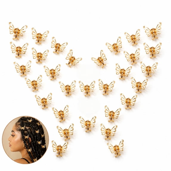 30Pcs Gold Mini Butterfly Metal Hair Claw Clips, 0.83 x 0.5 Inch Hollow‑Cut Decorative Hair Grips, Tiny Styling Ornaments for Ladies’ Braids, Dreadlocks & Hair Twists