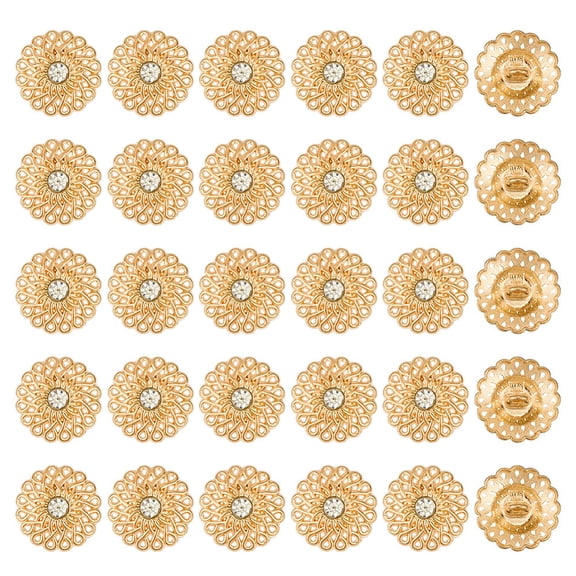 30Pcs Golden Flower Rhinestone Hollow Buttons 0.7 inch Alloy Round Buttons 1-Hole Embellishments for Clothing Jewelry DIY Button