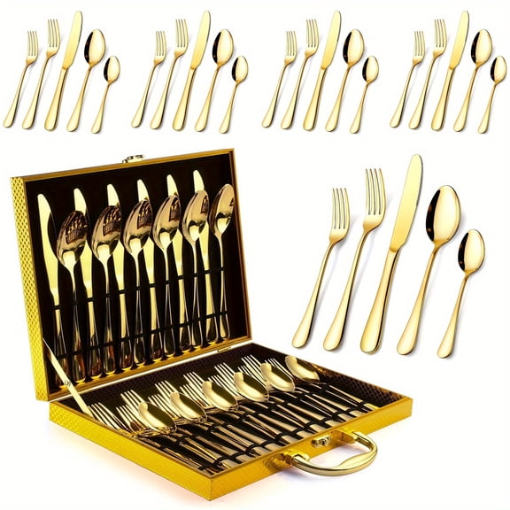 30Pcs Golden Stainless Steel Silverware Set, Mirror Polished 6-Person Flatware (Knives/Forks/Spoons), Exquisite Wooden Gift Box Packaging, Ideal for Business Gifts/Weddings/Celebrations/Banquets