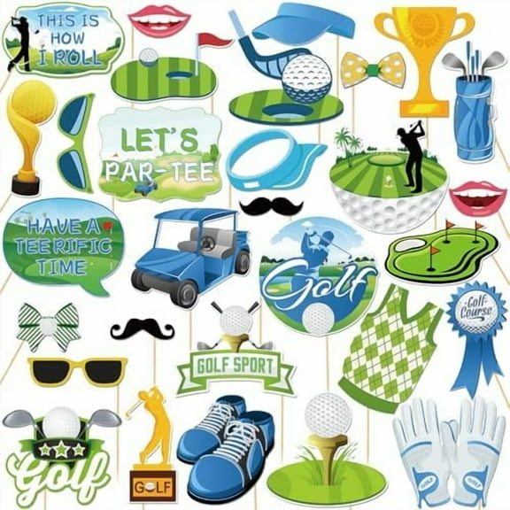 30Pcs Golf Photo Booth Props Kit, Sport Themed Golf Birthday Baby Shower Party Decorations for Men Boys Funny Par-Tee Time Retirement Photography Supplies