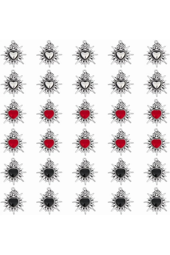 30Pcs Gothic Heart Charms Sacred Heart Charms Bulk 3 Styles Charm Black Red White Alloy Charms Tibetan Style Love Pendants Fancy Enamel Charm for Jewelry Making