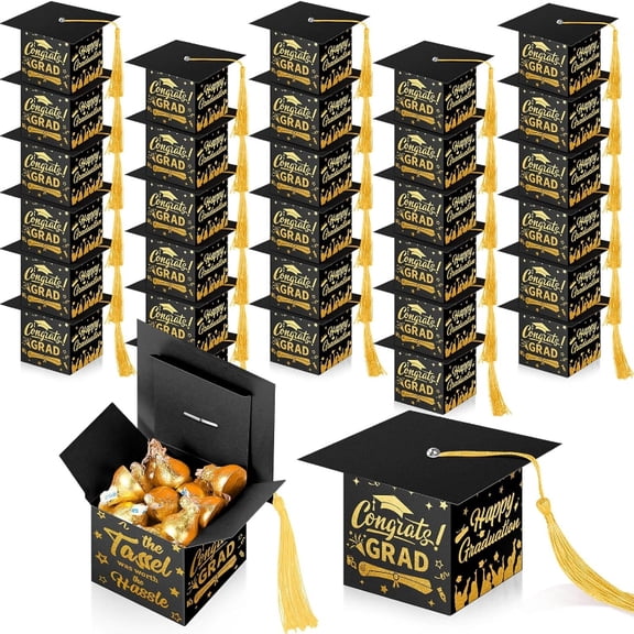 30Pcs Graduation Cap Gift Boxes with Tassels, Black Gold Party Favor Boxes for Candy Treats, Graduation Party Supplies Decorations, Keepsake Gift Packaging for Celebration Events