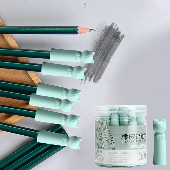 30Pcs Green Cat Face Pencil Toppers - Multi-Purpose As Eraser & Grip Helper, Non-Toxic Rubber Material, Bright Colors Kids Love, Organized Storage