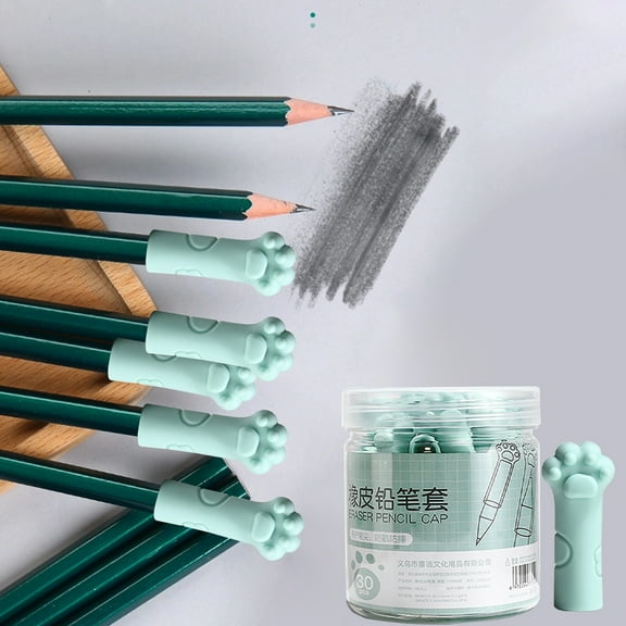 30Pcs Green Cat Paw Pencil Toppers - Protects Pencil Tips From Breaking, Doubles As Eraser, Safe Non-Toxic Rubber, Comfortable For Small Hands