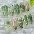 thumbnail image 1 of 30Pcs Green Press on Nails Medium Almond Fake Nails with 3D Pearl Gold Beads Designs Stick on Nails 3D Flower Butterfly False Nails Spring Summer Acrylic Nails Silver Star Glue on Nails for Women, 1 of 6