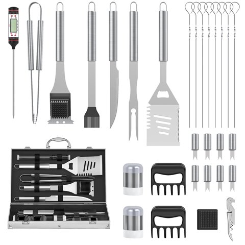 30Pcs Grill Tool Set, Heavy Duty BBQ Kit with Aluminum Case & Digital Thermometer, Fork, Spatula, Tongs, Corn holder, Grill Accessories & Utensils, Grilling Set for Cookout
