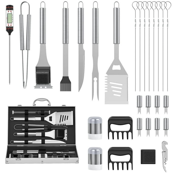 30Pcs Grill Tool Set, Heavy Duty BBQ Kit with Aluminum Case & Digital Thermometer, Fork, Spatula, Tongs, Corn holder, Grill Accessories & Utensils, Grilling Set for Cookout