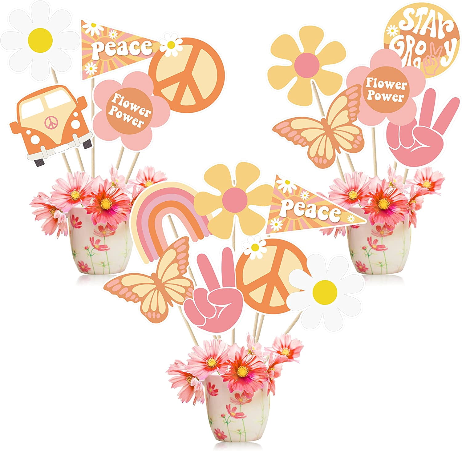 30Pcs Groovy Retro Hippie  Party Centerpieces for Tables Toppers Rainbow Butterfly Daisy Flower Birthday Decoration Star Groovy 60's Party Supplies Favors for Girls Baby Shower Photo Props