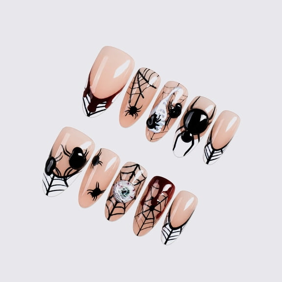 30Pcs Halloween Almond Press On Nails 3D Spider Blood Web False Nails French Style Fake Nails for Theme Party Cosplay Night Out