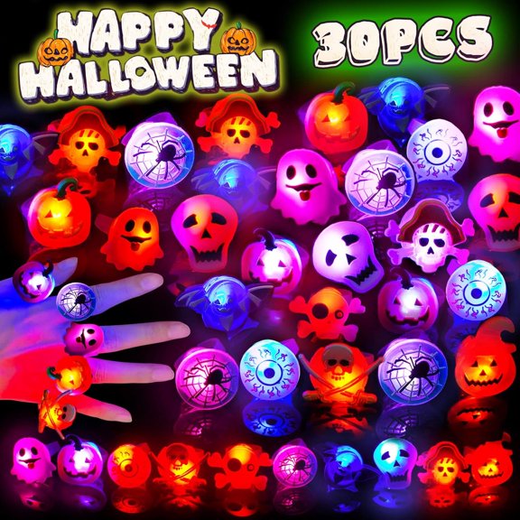 30Pcs Halloween Light Up Rings Halloween Party Favors for Kids Adults Glow in The Dark Led Rings Toys Bulk Non Candy Treats