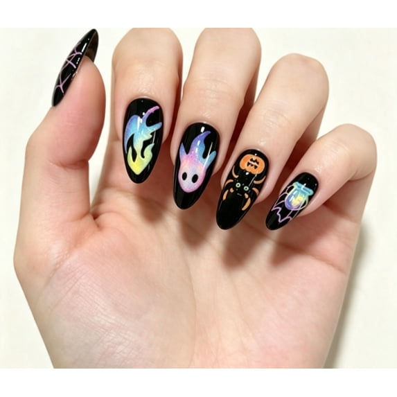 30Pcs Halloween Press On Nails Almond - Spooky Ghost Pumpkin Witch Design | Gothic Acrylic Holiday Press-On Nails with Ghost/Bat/Pumpkin,Reusable & Easy Apply, Ideal for Halloween Party